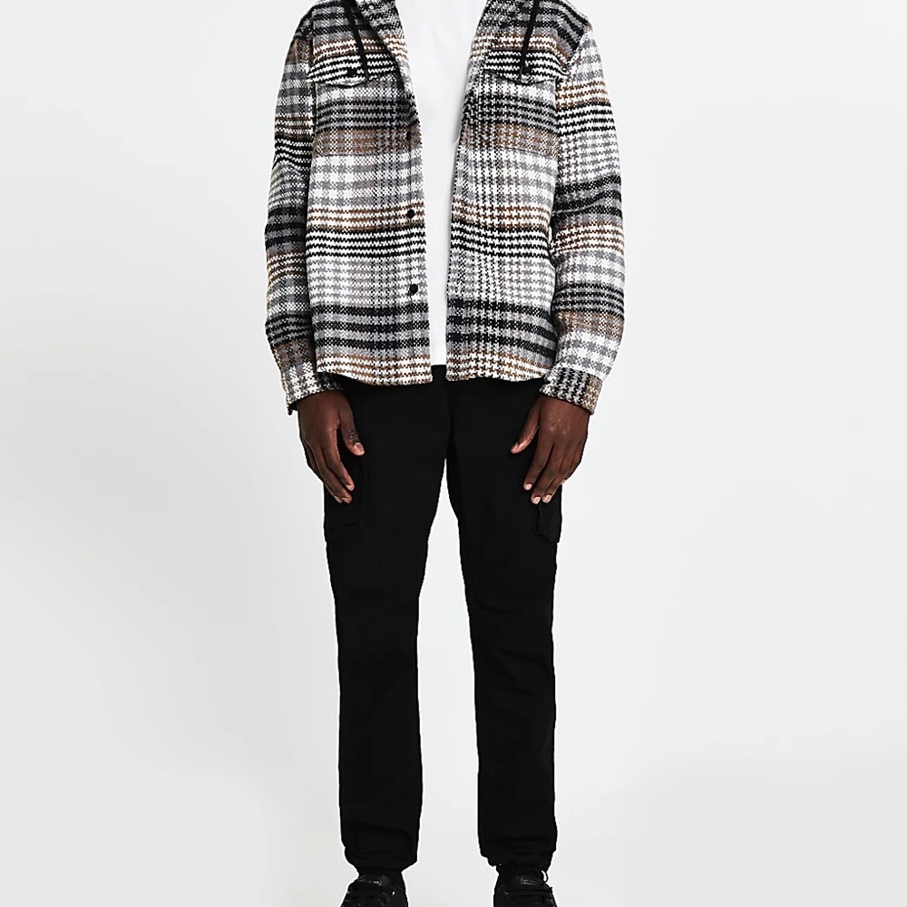 River Island Stone Check Print Long Sleeve Shacket with hood